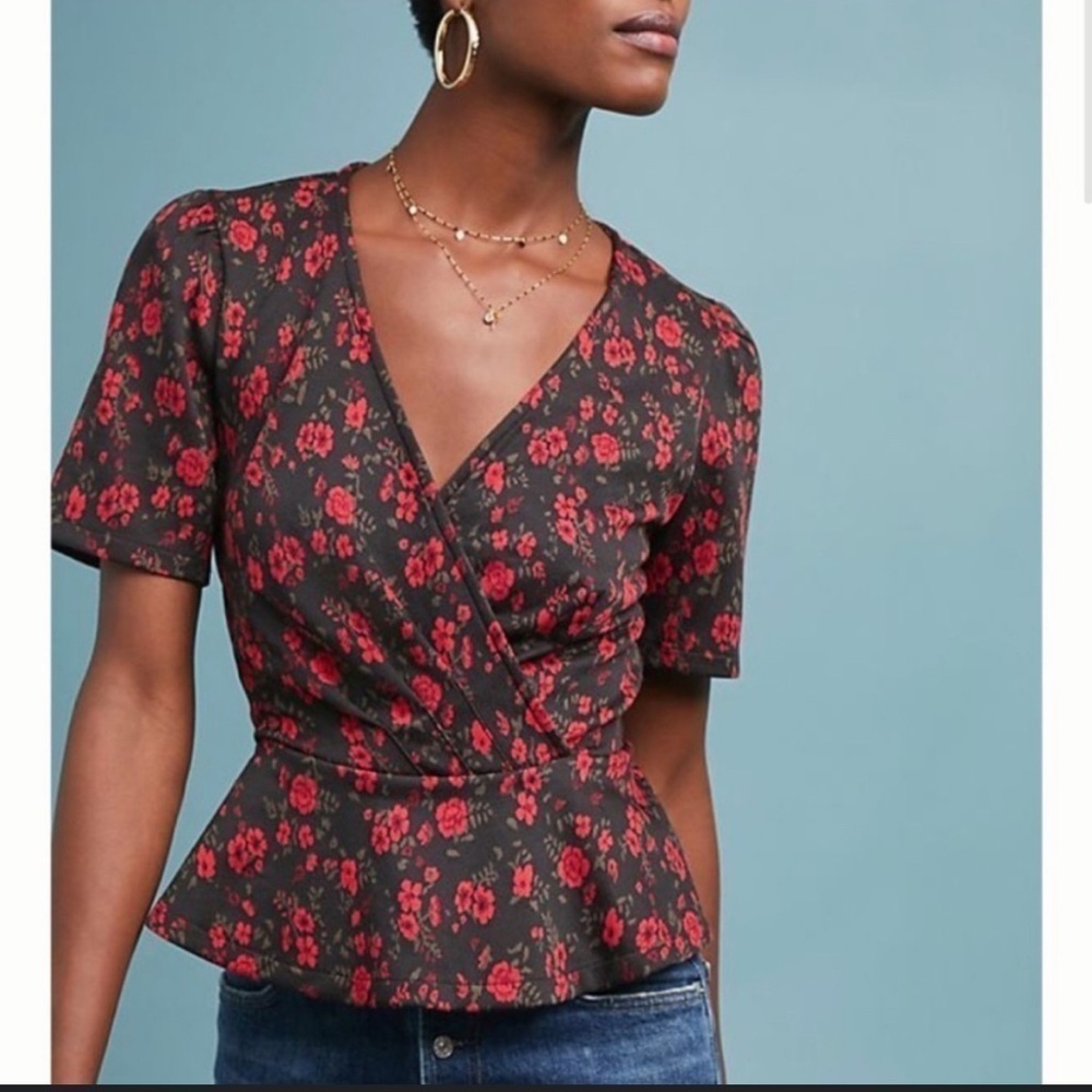 Meadow Rue Anthropologie Dark Floral Peplum Top Size Medium